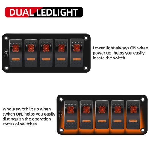 Miniatura 2 de FXC Panel de Aluminio con Interruptores Basculantes de 5 Posiciones, Interruptores de Palanca para Tablero, 5 Pines ON/OFF, 2 LED Retroiluminados
