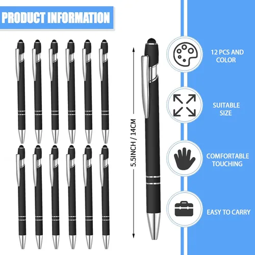 Miniatura 2 de 12 bolígrafos de tinta azul con punta de lápiz capacitivo, bolígrafo de metal de 0.039 pulgadas para pantallas táctiles, 2 en 1, regalo para amigos