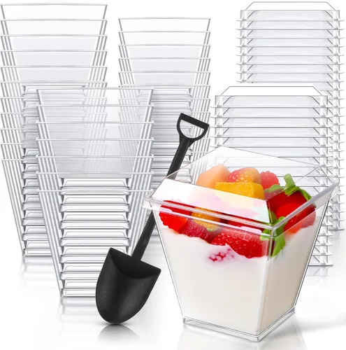 Miniatura 8 de Cunhill 100 tazas cuadradas de postre con 100 cucharas de postre en forma de pala, tazas de plástico transparente para aperitivos con tapas, mini