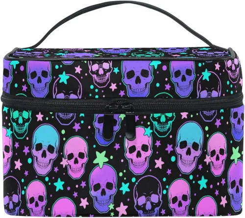 Miniatura 27 de Bolsa de maquillaje, bolsa organizadora de maquillaje de viaje con estampado de leopardo rosa, neceser para niñas, mujeres y mujeres, Geométrico 115