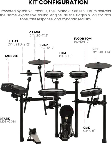 Miniatura 7 de Roland TD313 V-Drums Kit de batería electrónica Bundle con trono de batería, cable de audio, baquetas, bolsa para baquetas y paño de pulido