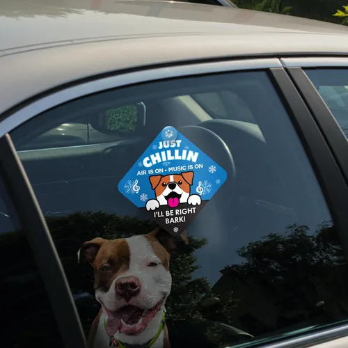 Miniatura 3 de Just Chillin - Letrero de seguridad para mascotas para ventana de automóvil, alerta de reproducción de música AC On para dueños de perros
