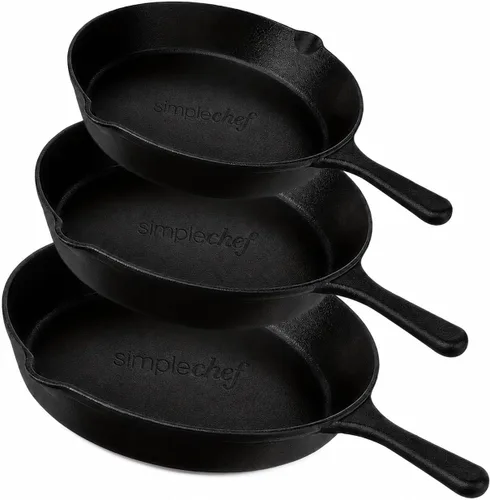 Set de 3 piezas de sartén de hierro fundido; sartenes de 10, 8 y 6 pulgadas. El mejor set de sartenes para cocina profesional de calidad de chef de