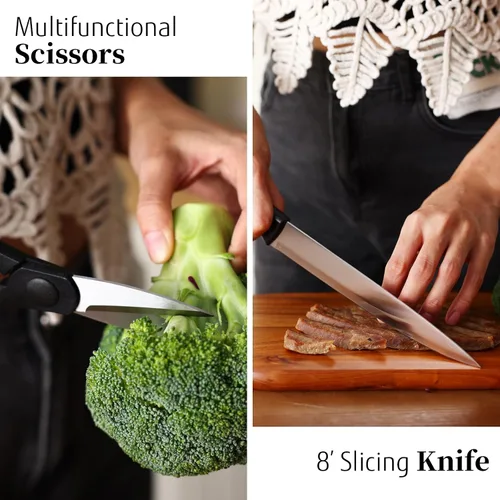 Miniatura 7 de juego de cuchillos negros con bloque de madera, juego de 7 piezas de bloque de cuchillos afilados con mango ergonómico de hoja de acero inoxidable