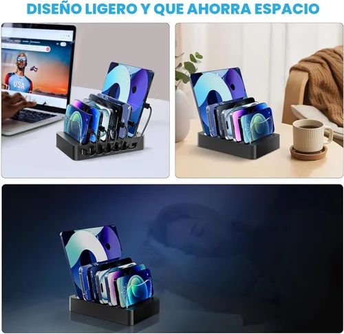 Miniatura 6 de Estación de carga para múltiples dispositivos 68W 6 puertos cargador de teléfono Dock con 6 cables, estación de carga rápida negra de 20 W