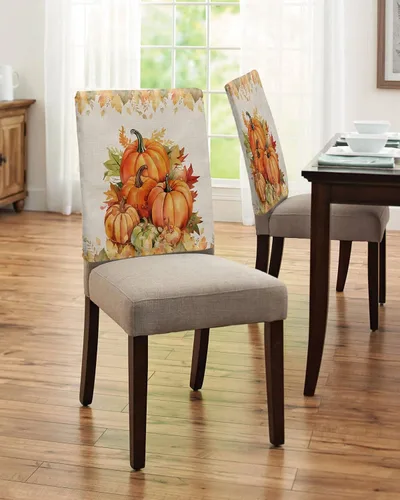 Miniatura 4 de Juego de 8 fundas para silla de comedor con diseño de calabazas naranjas y hojas de arce, fundas extraíbles para silla de cocina de Acción