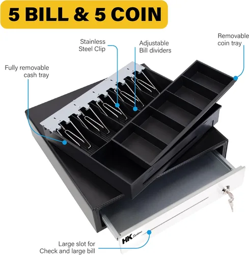 Miniatura 4 de HK SYSTEMS Cajón de efectivo negro resistente frontal de 16 pulgadas "acero inoxidable" con 5Bill/5Coin