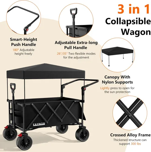 Miniatura 5 de Carro plegable 3 en 1 con capacidad de peso de 300 libras, carrito utilitario resistente de 150L con toldo extraíble, con ruedas grandes de playa