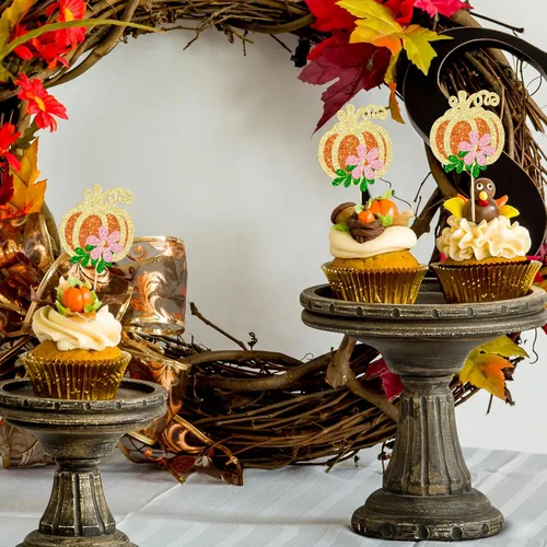 Miniatura 7 de 24 adornos de calabaza para cupcakes con purpurina para otoño, hojas, flores, calabaza, cupcakes, decoración de pasteles para Halloween, decoración