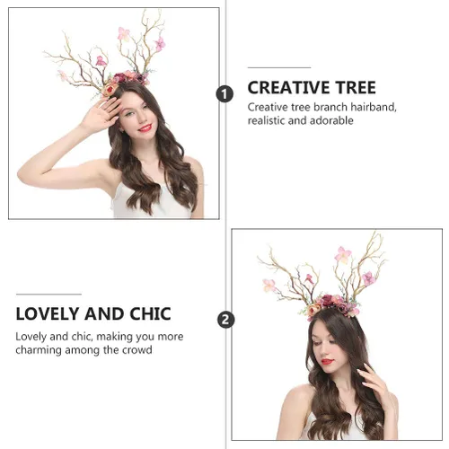 Miniatura 3 de Minkissy Diadema de cornamenta de ciervo, diadema de cuernos de reno de Navidad, diadema de ramas de árbol, tocado para el cabello, accesorios