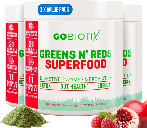 GOBIOTIX Super Greens Polvo con raíz de remolacha, espirulina, moringa y clorella, probióticos, enzimas y 21 superalimentos, cero azúcar, vegano,