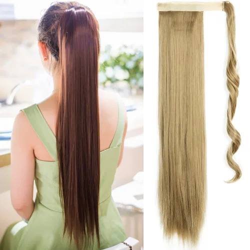OMGREAT Extensión de cola de caballo de 24 pulgadas, extensiones de cabello largo y lacio para mujer, cola de caballo sintética envolvente (rubio