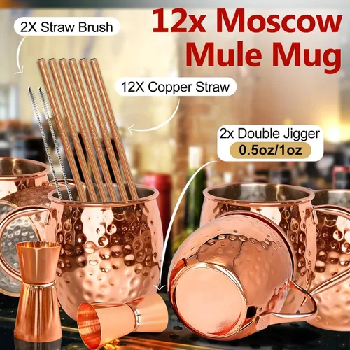 Miniatura 3 de LINALL Moscow Mule Tazas de Cobre - Juego de 12 Tazas de Acero Inoxidable Chapado en Cobre de 18oz, para Bebidas Frías (12 unidades)
