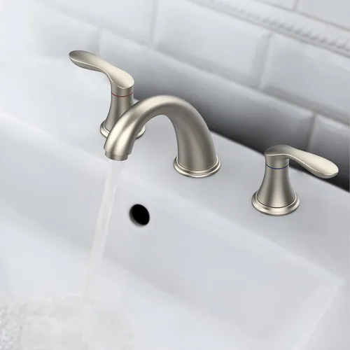 Miniatura 6 de Grifo de lavabo de baño, grifo para lavabo de baño, grifo de baño de níquel cepillado extendido de 3 orificios con desagüe emergente de acero