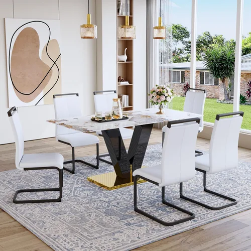 Miniatura 7 de Juego de mesa de comedor de 71 pulgadas para 6, moderno juego de mesa de comedor para 6, mesa de comedor de mármol con 6 sillas de comedor de piel