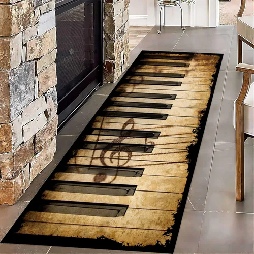 Alfombra vintage para pasillo, 2 x 6 pies, color marrón, con teclado de piano envejecido, alfombra para concierto, antideslizante, lavable, tapete