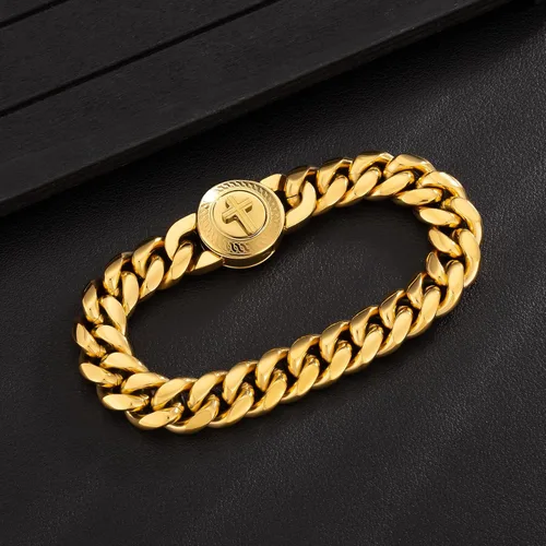 Miniatura 7 de KRKC&CO - Pulsera de eslabones cubanos de 12/0.551 in para hombre, chapada en oro de 18 quilates, cruz, brújula, calaveras redondas, cierre tallado