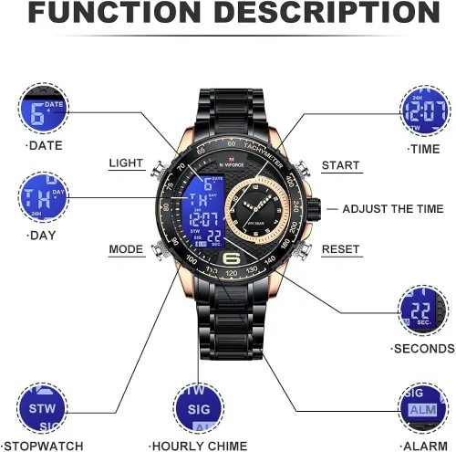 Miniatura 4 de NAVIFORCE Reloj para hombre, reloj de cuarzo digital de doble pantalla, multifuncional, de acero inoxidable