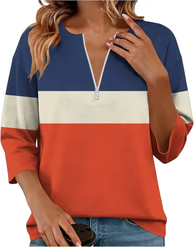 Miniatura 23 de Sudadera de manga larga con media cremallera para mujer, de gran tamaño, bloque de color, con cremallera de un cuarto, camisas de moda de primavera