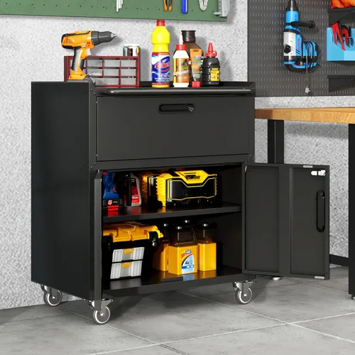 Miniatura 2 de Armario de almacenamiento de metal para garaje con ruedas, gabinete de herramientas con cerradura negra con cajón y estantes ajustables, gabinete