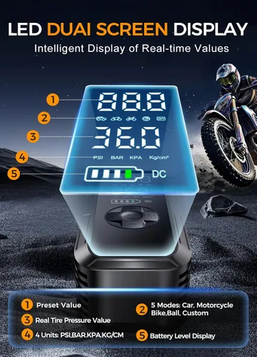 Miniatura 7 de Compresor de aire portátil Y51, inflador de neumáticos, bomba de aire eléctrica inalámbrica de 150 PSI para neumáticos de automóvil, apagado
