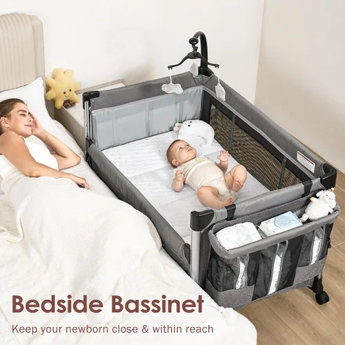 Miniatura 2 de Moisés para bebé 4 en 1 con colchón, configuración de un solo empuje, cuna de noche con cambiador de pañales de recién nacido a niño pequeño (gris)
