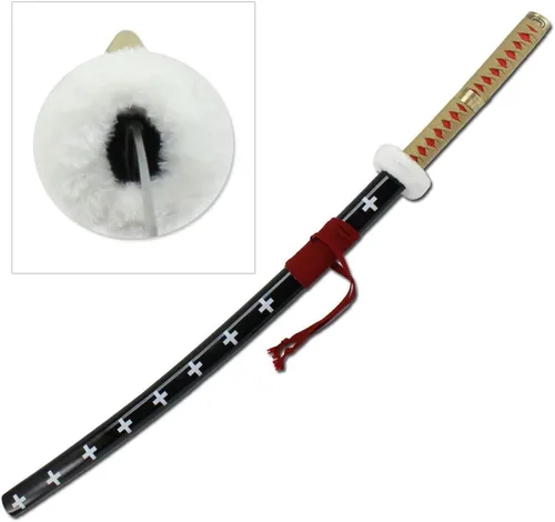 Espada de ley de cirujano de anime japonés, rojo y negro, con cruces, tsuba blanca esponjosa