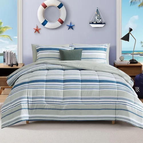 Miniatura 10 de AMBERSPACE Juego de edredón tamaño matrimonial, juego de ropa de cama a cuadros azul gris de 7 piezas para niños, niñas y adolescentes, juego