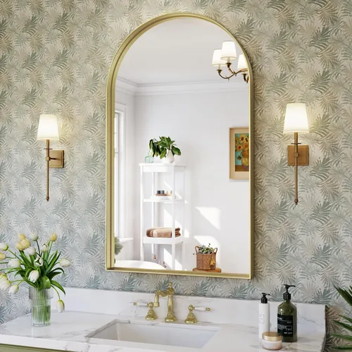 Miniatura 12 de Brightify - Espejo arqueado dorado de 24 x 32 pulgadas, espejo de pared con marco de metal de latón para baño, espejo arqueado superior para tocador