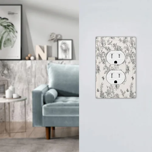Miniatura 7 de Cubierta de tomacorriente eléctrico dúplex individual estilo campestre con diseño floral de flores y pájaros en blanco y negro, placa de pared de 1