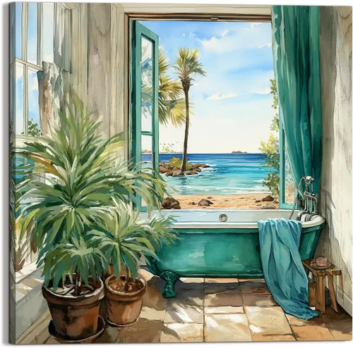 Miniatura 5 de LAIART Impresión en Lienzo para Baño Arte Decorativo de Pared Imagen de Bañera Verde Azulado Vista al Mar desde la Ventana Obra de Arte