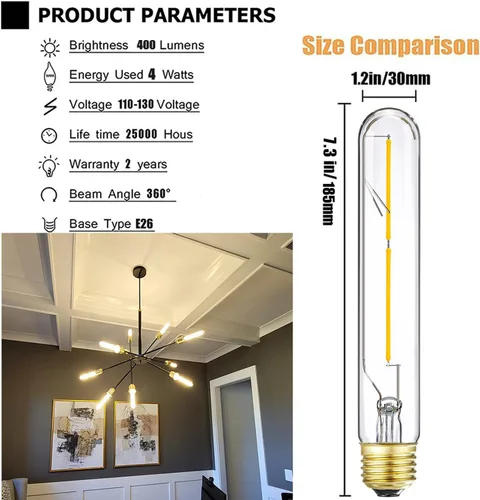 Miniatura 2 de Leools Bombilla LED E26 regulable de 4 W, igual a 40 W, luz blanca suave, 30000 K, E26, bombilla Edison AC120V 400lm tubular T9 T10 bombilla LED