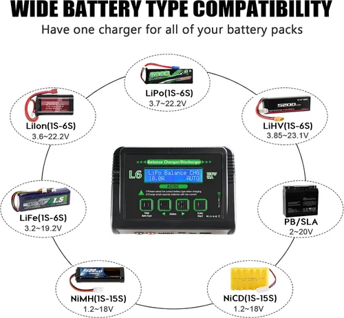Miniatura 4 de Lipo - Cargador de batería de 150 W 10 A, cargador rápido de equilibrio para batería LiPo/Li-ion/Life (1-6s) NiMH/NiCd (1-15s) Pb Batería Verde