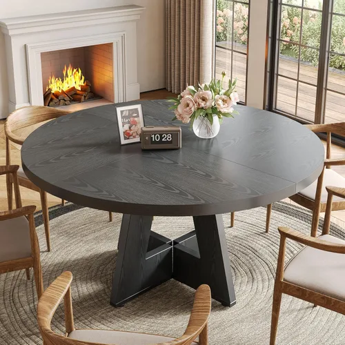 Miniatura 5 de LITTLE TREE Mesa de comedor redonda para 4-6 personas, mesa de comedor de 47 pulgadas con base de pedestal de madera, mesas de comedor negras, mesas