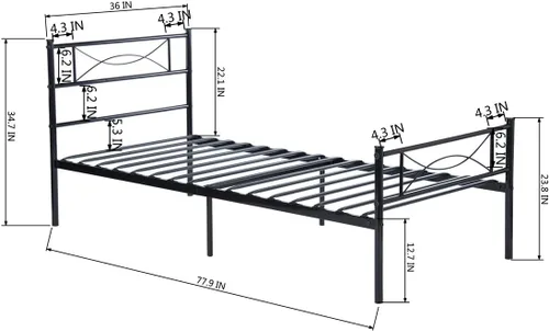 Miniatura 2 de Marco de cama de metal, tamaño individual, 6 patas, dos cabeceros, base de colchón, plataforma de acero, cama para niños, repuesto de somier