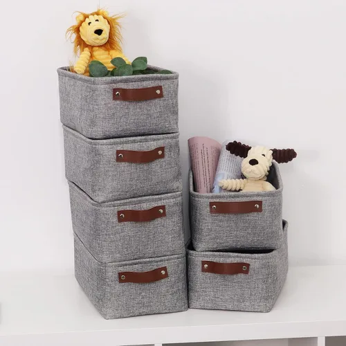 Miniatura 3 de HNZIGE Cestas organizadoras grandes de tela (3 unidades), canastas decorativas plegables con asas de cuero (crema, 15 x 11 x 9.5 pulgadas)