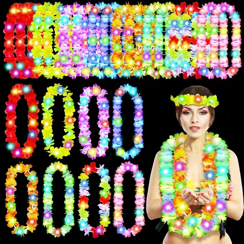 Miniatura 10 de Giegxin 12 collares con luces LED hawaianas Lei tropicales con luces LED Lei de arco iris artificial para niños y adultos, fiesta temática Hawaii
