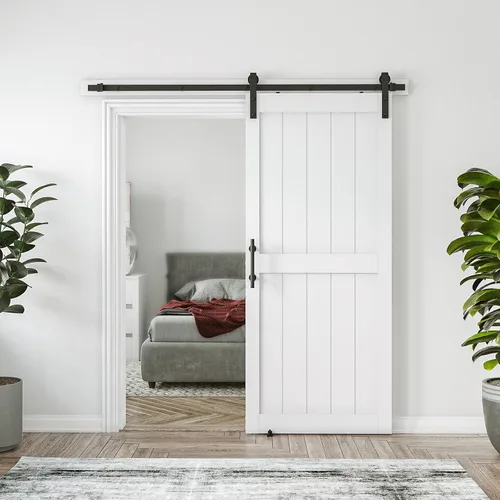 Miniatura 16 de Puerta corrediza de granero MDF de 30 x 80 pulgadas con kit de herrajes para puerta de granero de 5 pies, losa para puerta de granero con superficie