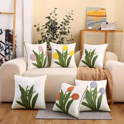Miniatura 9 de Fundas de almohada bordadas de 16 x 16 pulgadas, paquete de 2 fundas de almohada de tulipán naranja con diseño floral de primavera, fundas