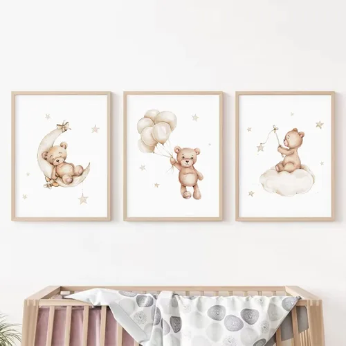 Miniatura 9 de Baccone Arte de pared para habitación de guardería con oso de peluche, póster para habitación de bebé niño o niña, decoración de pared de guardería