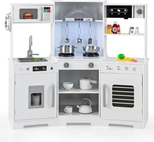 Miniatura 12 de HONEY JOY Cocina de Jugar de Rincón, Juego de Cocina de Madera para Niños Pequeños con Luces, Cafetera, Microondas, Fregadero, Grifo, Juego