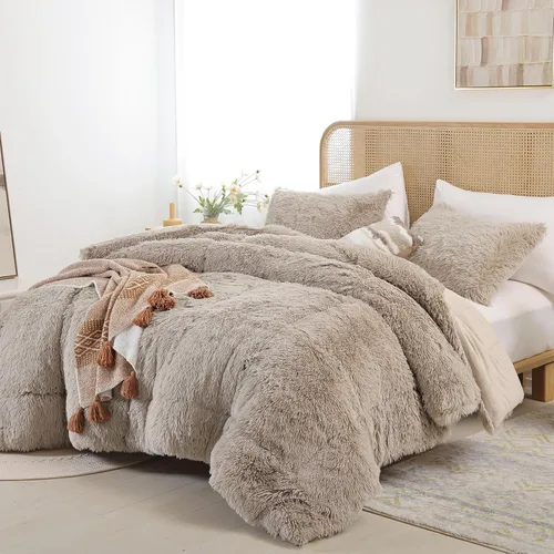 Miniatura 27 de Smoofy Juego de edredón esponjoso de tamaño Full, juego de edredón rosa de piel sintética, juego de ropa de cama mullido de lujo, juego de ropa