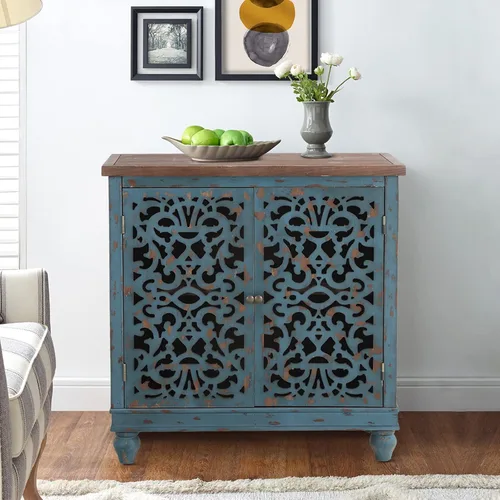 Miniatura 12 de Sophia & William - Armario pequeño de acento con puerta única, mesa auxiliar lateral de 31.5" de altura, mesita de noche desgastada con puerta Azul