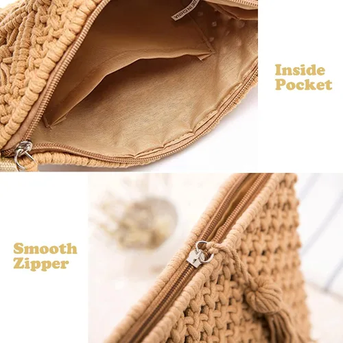 Miniatura 3 de Magibag Bolso de mano con borla de ganchillo, bolsa de mano de algodón, macramé, bolso de mano tejido a mano, bolso de pulsera con cremallera