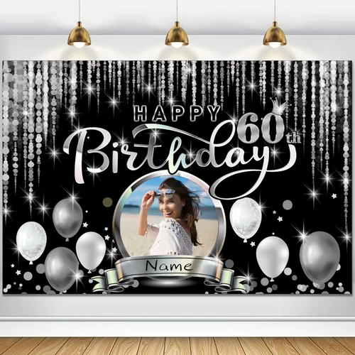 Miniatura 49 de Cartel de decoración de feliz cumpleaños número 100 personalizado - Personalización disponible - Negro y plateado - Tamaño grande - Admite fotos