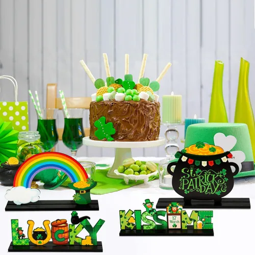 Miniatura 4 de WATINC 4 piezas de decoración de mesa de madera del día de San Patricio, decoración de centro de mesa de madera de trébol, bandeja escalonada