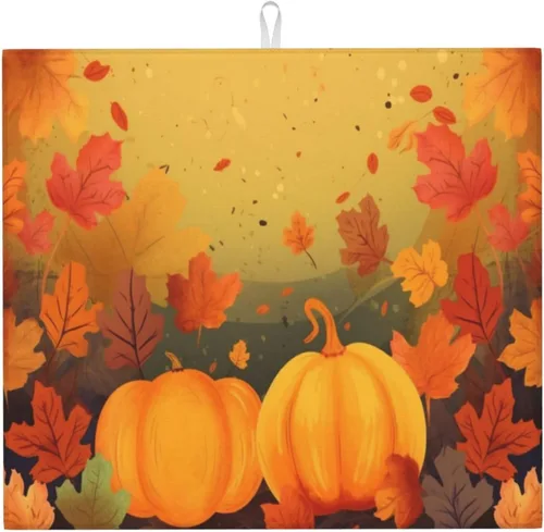 Miniatura 26 de Tapete de secado de platos de hojas de otoño para encimeras de 18 x 16 pulgadas, almohadilla protectora para escurridor de platos con lazo