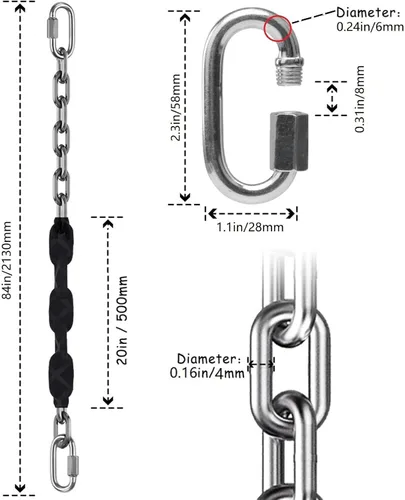 Miniatura 4 de 2 cadenas de acero inoxidable (84 pulgadas), accesorios de columpio resistentes, 4 hebillas de conexión rápida, columpios de patio