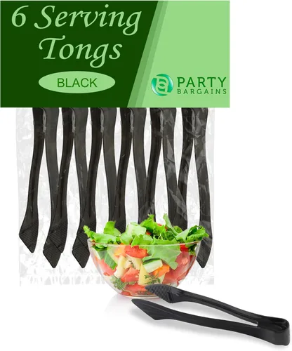 PARTY BARGAINS Pinzas de plástico negro de 8.5 pulgadas para servir, paquete de 6, pinzas de cocina desechables y reutilizables para fiestas, Claro