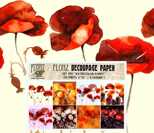 Miniatura 2 de Decoupage - Paquete de papel (24 hojas de 6 x 6 pulgadas), diseño de flores de amapola FLONZ, estilo vintage, sin costuras, para decoupage, cuatro